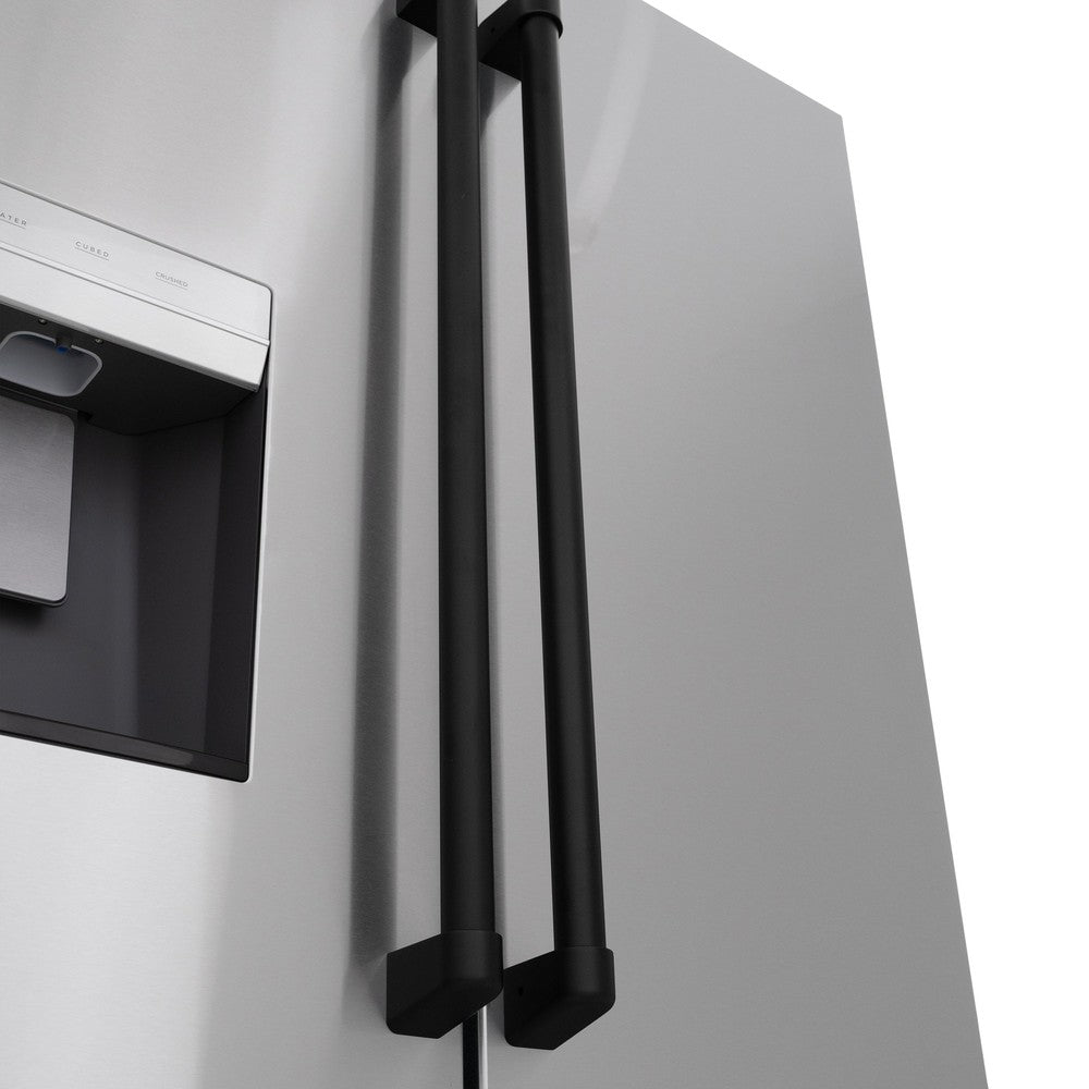 Matte Black Handles on Refrigerator Doors Close-up.