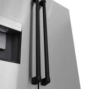 ZLINE Autograph Edition 36 in. 28.9 cu. ft. Standard-Depth French Door External Water Dispenser Refrigerator with Dual Ice Maker in Fingerprint Resistant Stainless Steel and Matte Black Handles (RSMZ-W-36-MB) Matte Black handles on refrigeration compartment exterior.