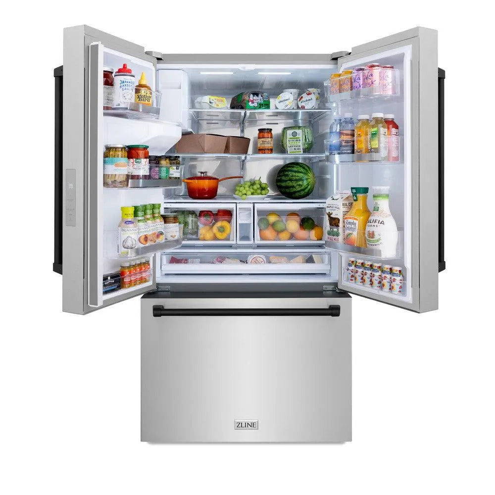 ZLINE Autograph Edition 36 in. 28.9 cu. ft. Standard-Depth French Door External Water Dispenser Refrigerator with Dual Ice Maker in Fingerprint-Resistant Stainless Steel and Matte Black Traditional Handles (RSMZ-W-36-MB) front, open.