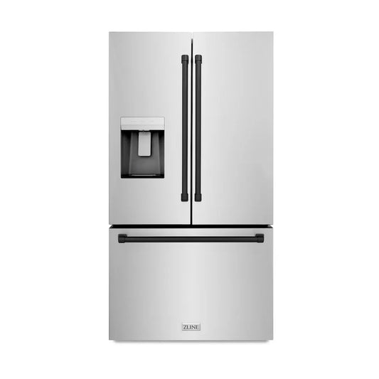 ZLINE Autograph Edition 36 in. 28.9 cu. ft. Standard-Depth French Door External Water Dispenser Refrigerator with Dual Ice Maker in Fingerprint-Resistant Stainless Steel and Matte Black Traditional Handles (RSMZ-W-36-MB) main image.