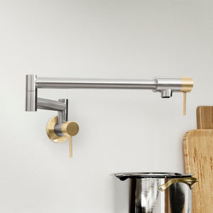 ZLINE Autograph Edition Gemini Pot Filler in Brushed Nickel and Champagne Bronze (GEM-FPF-ZBNCB) above a pot, off.