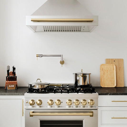 ZLINE Autograph Edition Gemini Pot Filler in Brushed Nickel and Champagne Bronze (GEM-FPF-ZBNCB) in a luxury kitchen.