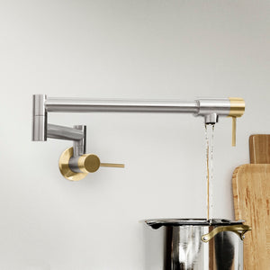 ZLINE Autograph Edition Gemini Pot Filler in Brushed Nickel and Champagne Bronze (GEM-FPF-ZBNCB) above a pot, on.