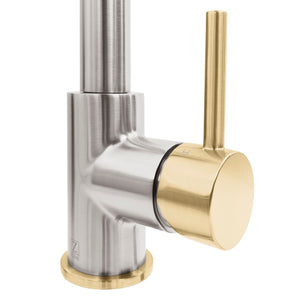 ZLINE Autograph Edition Gemini Pull Down Single Handle Kitchen Faucet in Brushed Nickel and Champagne Bronze (GEM-KF-ZBNCB) handle.
