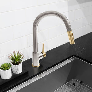 ZLINE Autograph Edition Gemini Pull Down Single Handle Kitchen Faucet in Brushed Nickel and Champagne Bronze (GEM-KF-ZBNCB) in a luxury kitchen from above.