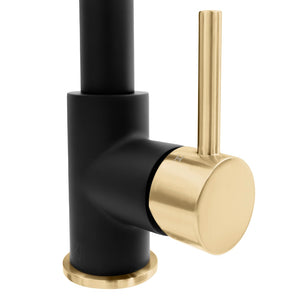 ZLINE Autograph Edition Gemini Pull Down Single Handle Kitchen Faucet in Matte Black and Champagne Bronze (GEM-KF-ZMBCB) handle.