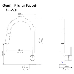 ZLINE Autograph Edition Gemini Pull Down Single Handle Kitchen Faucet in Matte Black and Champagne Bronze (GEM-KF-ZMBCB) dimensional diagram.