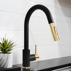 ZLINE Autograph Edition Gemini Pull Down Single Handle Kitchen Faucet in Matte Black and Champagne Bronze (GEM-KF-ZMBCB) in a luxury kitchen.