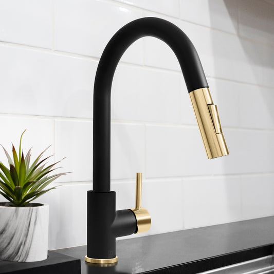 ZLINE Autograph Edition Gemini Pull Down Single Handle Kitchen Faucet in Matte Black and Champagne Bronze (GEM-KF-ZMBCB) in a luxury kitchen.
