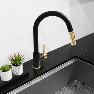 ZLINE Autograph Edition Gemini Pull Down Single Handle Kitchen Faucet in Matte Black and Champagne Bronze (GEM-KF-ZMBCB) in a luxury kitchen, from above.