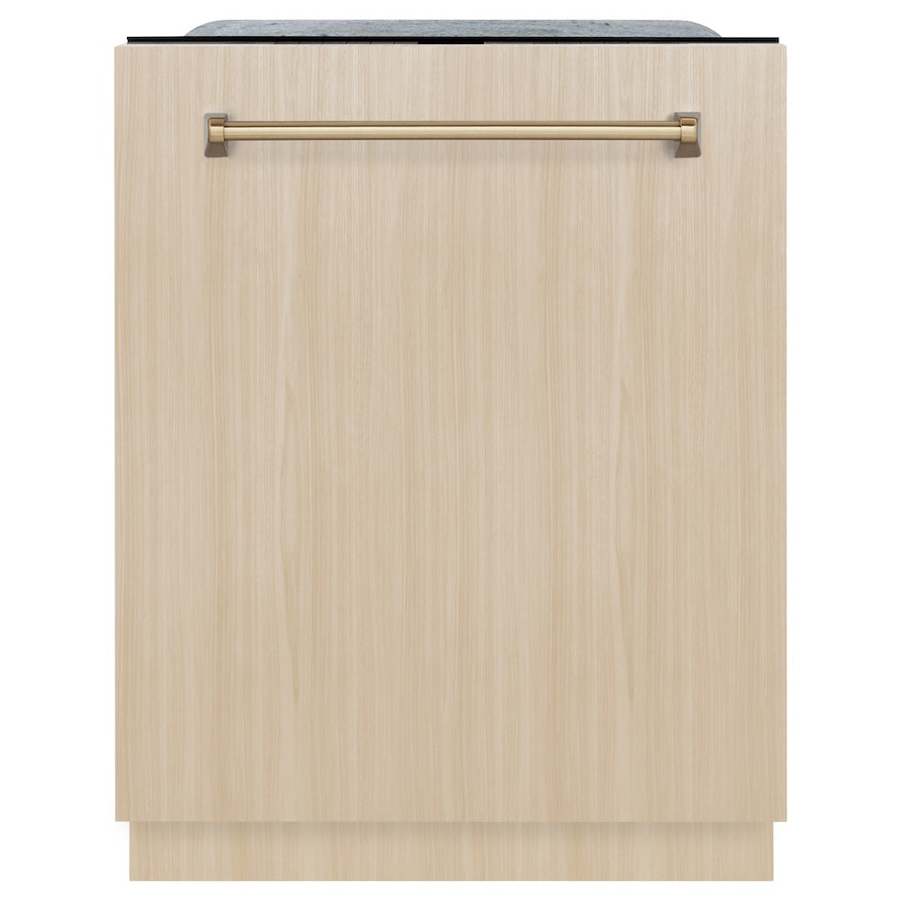 ZLINE Autograph Edition 24 in. Monument Series 3rd Rack Top Touch Control Tall Tub Dishwasher in Custom Panel Ready with Champagne Bronze Handle, 45dBa (DWMTZ-24-CB) front, with custom panel.