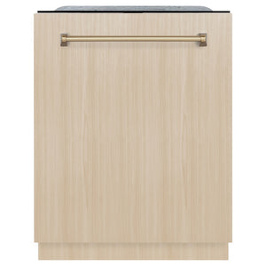 ZLINE Autograph Edition 24 in. Monument Series 3rd Rack Top Touch Control Tall Tub Dishwasher in Custom Panel Ready with Champagne Bronze Handle, 45dBa (DWMTZ-24-CB) front, with custom panel.