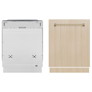 ZLINE Autograph Edition 24 in. Monument Series 3rd Rack Top Touch Control Tall Tub Dishwasher in Custom Panel Ready with Champagne Bronze Handle, 45dBa (DWMTZ-24-CB) front, dishwasher unit next to custom panel.