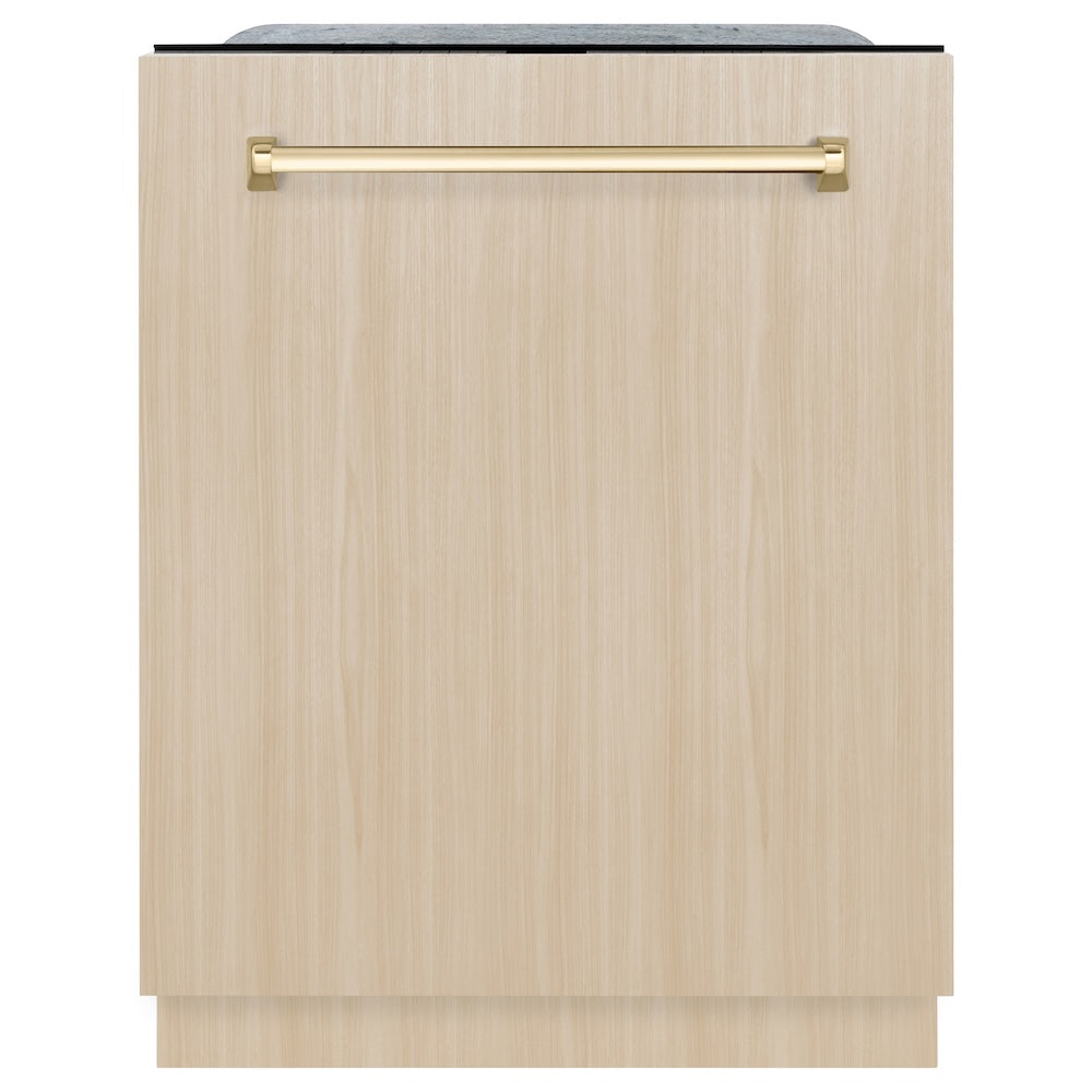 ZLINE Autograph Edition 24 in. Monument Series 3rd Rack Top Touch Control Tall Tub Dishwasher in Custom Panel Ready with Polished Gold Handle, 45dBa (DWMTZ-24-G) front, with custom wood panel.