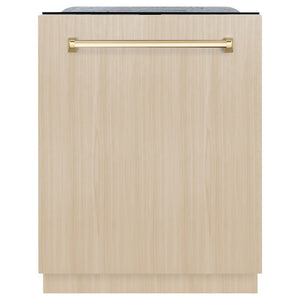 ZLINE Autograph Edition 24 in. Monument Series 3rd Rack Top Touch Control Tall Tub Dishwasher in Custom Panel Ready with Polished Gold Handle, 45dBa (DWMTZ-24-G) front, with custom wood panel.