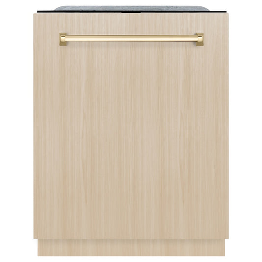 ZLINE Autograph Edition 24 in. Monument Series 3rd Rack Top Touch Control Tall Tub Dishwasher in Custom Panel Ready with Polished Gold Handle, 45dBa (DWMTZ-24-G) front, with custom wood panel.