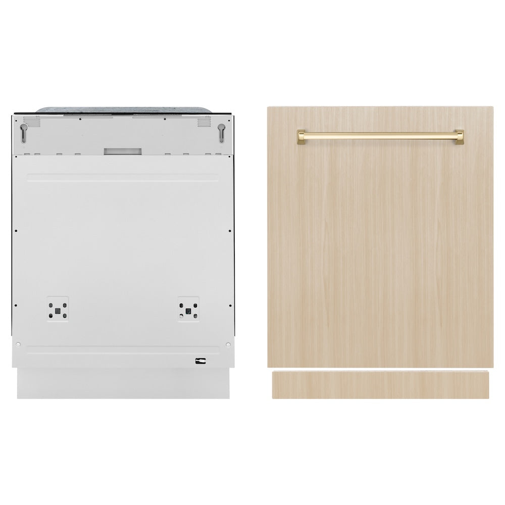ZLINE Autograph Edition 24 in. Monument Series 3rd Rack Top Touch Control Tall Tub Dishwasher in Custom Panel Ready with Polished Gold Handle, 45dBa (DWMTZ-24-G) front, dishwasher unit next to custom panel.