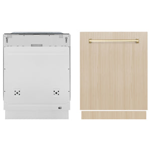 ZLINE Autograph Edition 24 in. Monument Series 3rd Rack Top Touch Control Tall Tub Dishwasher in Custom Panel Ready with Polished Gold Handle, 45dBa (DWMTZ-24-G) front, dishwasher unit next to custom panel.