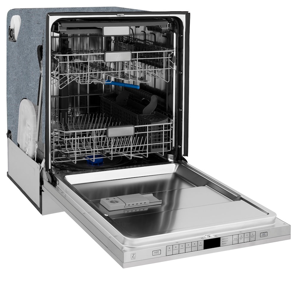 ZLINE Autograph Edition 24 in. Monument Series 3rd Rack Top Touch Control Tall Tub Dishwasher in Custom Panel Ready with Polished Gold Handle, 45dBa (DWMTZ-24-G) side, open.