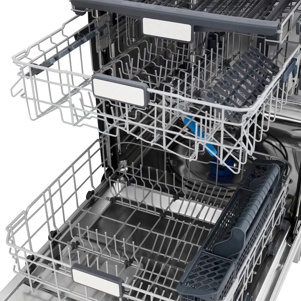 ZLINE Autograph Edition 24 in. Monument Series 3rd Rack Top Touch Control Tall Tub Dishwasher in Custom Panel Ready with Matte Black Handle, 45dBa (DWMTZ-24-MB) open with racks and compartments extended.