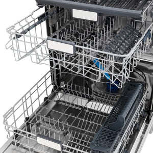 ZLINE Autograph Edition 24 in. Monument Series 3rd Rack Top Touch Control Tall Tub Dishwasher in Custom Panel Ready with Matte Black Handle, 45dBa (DWMTZ-24-MB) open with racks and compartments extended.