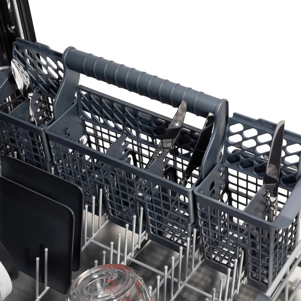 ZLINE Autograph Edition 24 in. Monument Series 3rd Rack Top Touch Control Tall Tub Dishwasher in Custom Panel Ready with Matte Black Handle, 45dBa (DWMTZ-24-MB) utensil holder with cutlery inside.