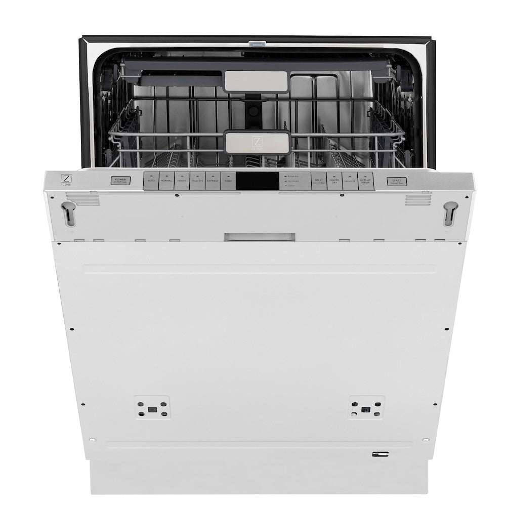 ZLINE Autograph Edition 24 in. Monument Series 3rd Rack Top Touch Control Tall Tub Dishwasher in Custom Panel Ready with Matte Black Handle, 45dBa (DWMTZ-24-MB) front, half open.