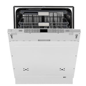 ZLINE Autograph Edition 24 in. Monument Series 3rd Rack Top Touch Control Tall Tub Dishwasher in Custom Panel Ready with Matte Black Handle, 45dBa (DWMTZ-24-MB) front, half open.