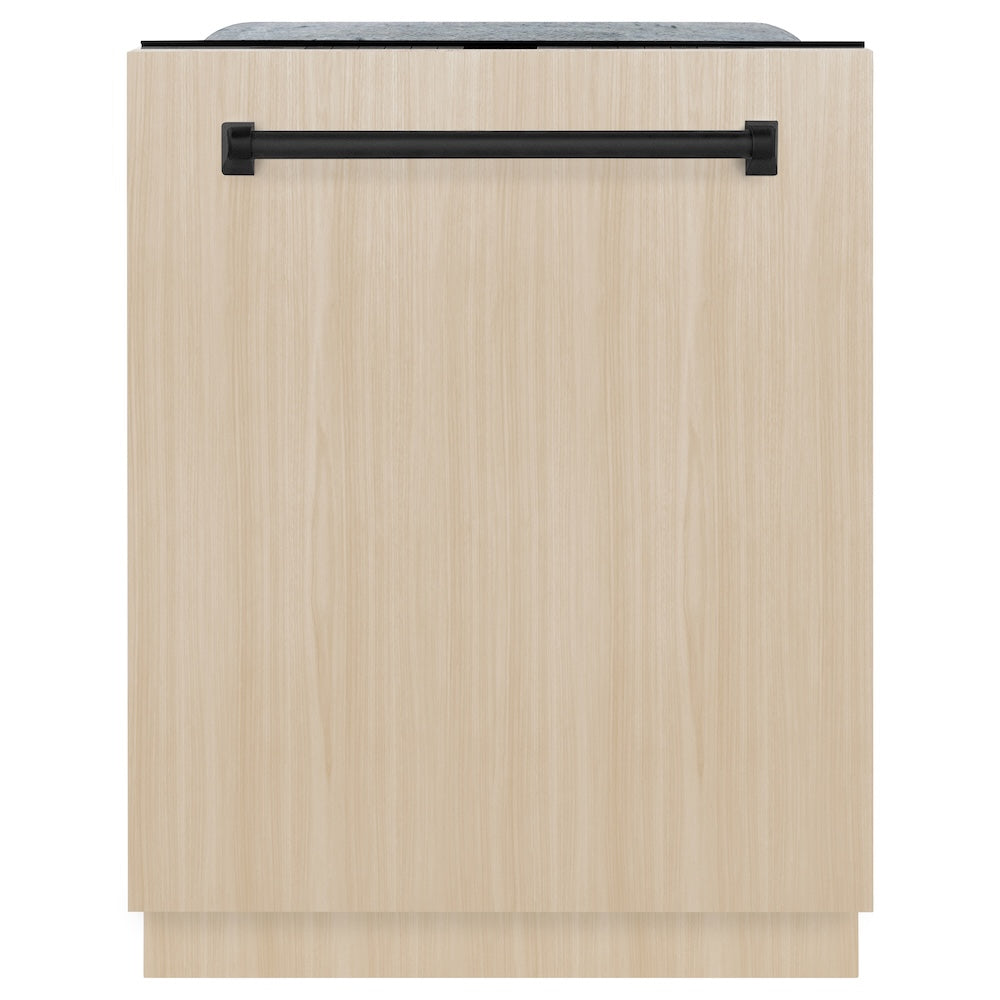 ZLINE Autograph Edition 24 in. Monument Series 3rd Rack Top Touch Control Tall Tub Dishwasher in Custom Panel Ready with Matte Black Handle, 45dBa (DWMTZ-24-MB) front, with custom wood panel.