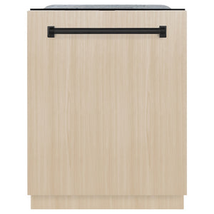 ZLINE Autograph Edition 24 in. Monument Series 3rd Rack Top Touch Control Tall Tub Dishwasher in Custom Panel Ready with Matte Black Handle, 45dBa (DWMTZ-24-MB) front, with custom wood panel.