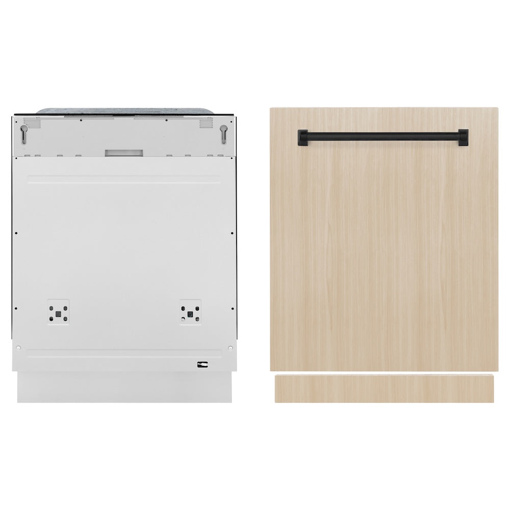 ZLINE Autograph Edition 24 in. Monument Series 3rd Rack Top Touch Control Tall Tub Dishwasher in Custom Panel Ready with Matte Black Handle, 45dBa (DWMTZ-24-MB) front, dishwasher unit next to custom panel.