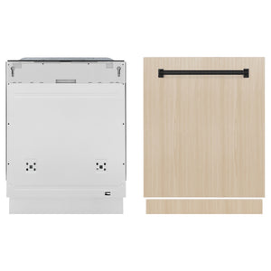 ZLINE Autograph Edition 24 in. Monument Series 3rd Rack Top Touch Control Tall Tub Dishwasher in Custom Panel Ready with Matte Black Handle, 45dBa (DWMTZ-24-MB) front, dishwasher unit next to custom panel.