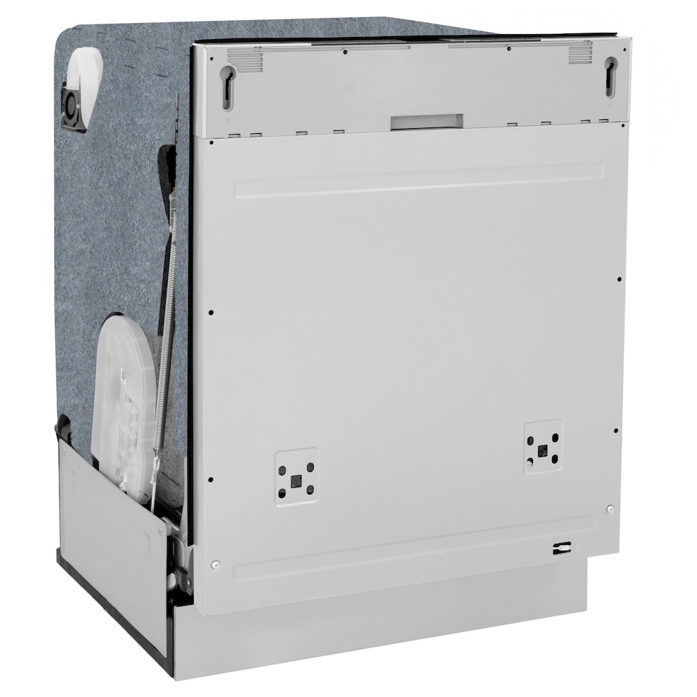 ZLINE Autograph Edition 24 in. Monument Series 3rd Rack Top Touch Control Tall Tub Dishwasher in Custom Panel Ready with Matte Black Handle, 45dBa (DWMTZ-24-MB) side, closed.