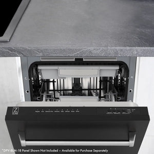 ZLINE Autograph Edition 24 in. Tallac Series 3rd Rack Top Control Built-In Tall Tub Dishwasher in Custom Panel Ready with Champagne Bronze Handle, 51dBa (DWVZ-24-CB) with black panel installed on a gray countertop