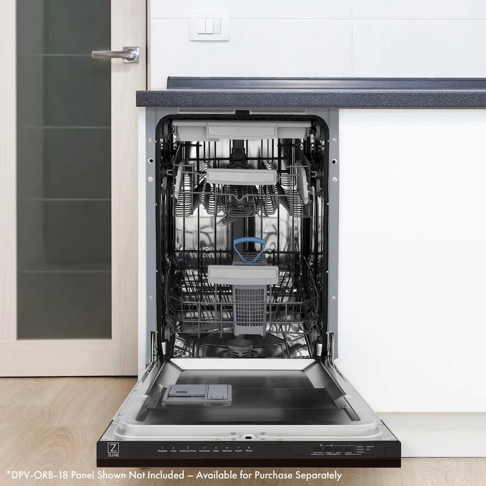 Open ZLINE Autograph Edition 18 in. Tallac Series 3rd Rack Top Control Dishwasher in Custom Panel Ready with Champagne Bronze Handle, 51dBa (DWVZ-18-CB) in a kitchen setting with visible interior components.
