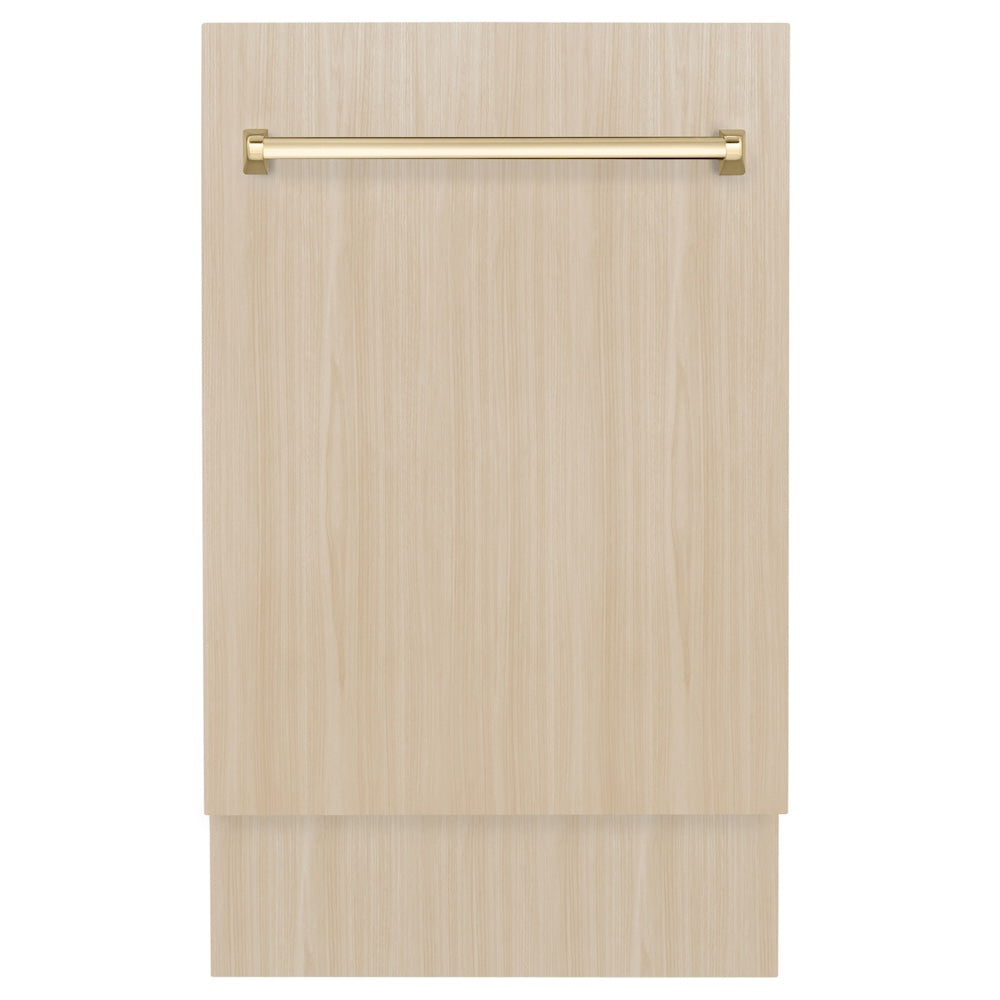 ZLINE Autograph Edition 18 in. Tallac Series 3rd Rack Top Control Dishwasher in Custom Panel Ready with Polished Gold Handle, 51dBa (DWVZ-18-G)