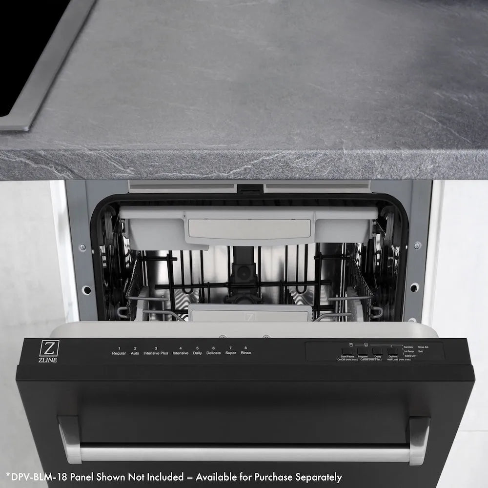 ZLINE Autograph Edition 18 in. Tallac Series 3rd Rack Top Control Dishwasher in Custom Panel Ready with Polished Gold Handle, 51dBa (DWVZ-18-G) with ZLINE panel installed on a gray countertop