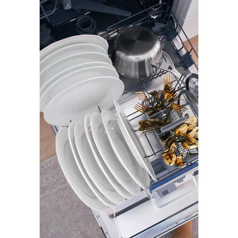 Open ZLINE Autograph Edition 24 in. Tallac Series 3rd Rack Top Control Built-In Tall Tub Dishwasher in Custom Panel Ready with Polished Gold Handle, 51dBa (DWVZ-24-G) with white plates inside, showing the interior design and layout.