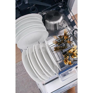 Open ZLINE Autograph Edition 24 in. Tallac Series 3rd Rack Top Control Built-In Tall Tub Dishwasher in Custom Panel Ready with Polished Gold Handle, 51dBa (DWVZ-24-G) with white plates inside, showing the interior design and layout.