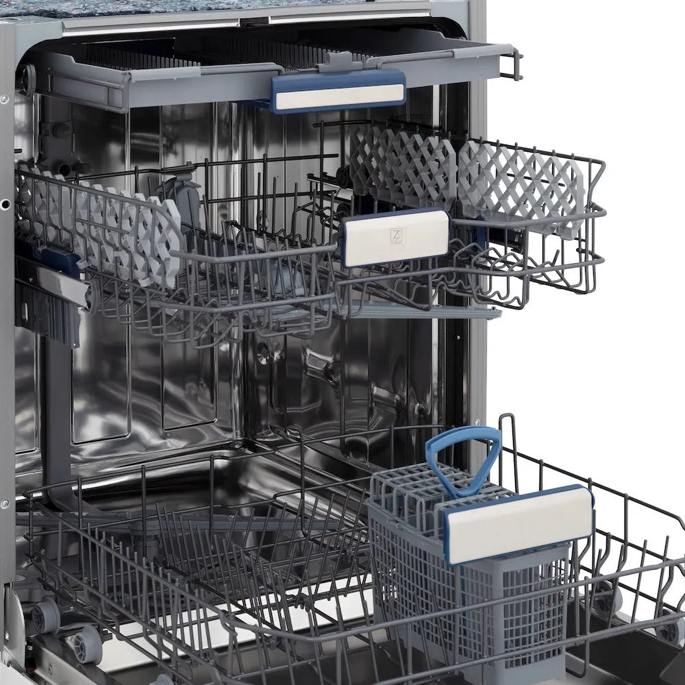 ZLINE Autograph Edition 24 in. Tallac Series 3rd Rack Top Control Built-In Tall Tub Dishwasher in Custom Panel Ready with Polished Gold Handle, 51dBa (DWVZ-24-G) side, open, showing adjustable racks.