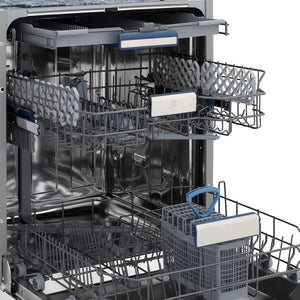 ZLINE Autograph Edition 24 in. Tallac Series 3rd Rack Top Control Built-In Tall Tub Dishwasher in Custom Panel Ready with Polished Gold Handle, 51dBa (DWVZ-24-G) side, open, showing adjustable racks.