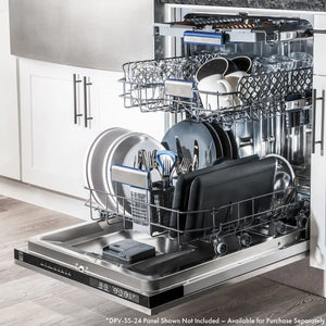 Open ZLINE Autograph Edition 24 in. Tallac Series 3rd Rack Top Control Built-In Tall Tub Dishwasher in Custom Panel Ready with Polished Gold Handle, 51dBa (DWVZ-24-G) with clean dishes in a kitchen setting