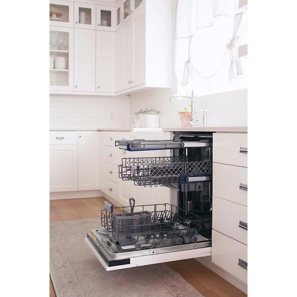 ZLINE Autograph Edition 24 in. Tallac Series 3rd Rack Top Control Built-In Tall Tub Dishwasher in Custom Panel Ready with Matte Black Handle, 51dBa (DWVZ-24-MB) in a kitchen with white cabinets