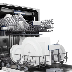 ZLINE Autograph Edition 24 in. Tallac Series 3rd Rack Top Control Built-In Tall Tub Dishwasher in Custom Panel Ready with Matte Black Handle, 51dBa (DWVZ-24-MB) side, with open door showing clean dishes in the racks.