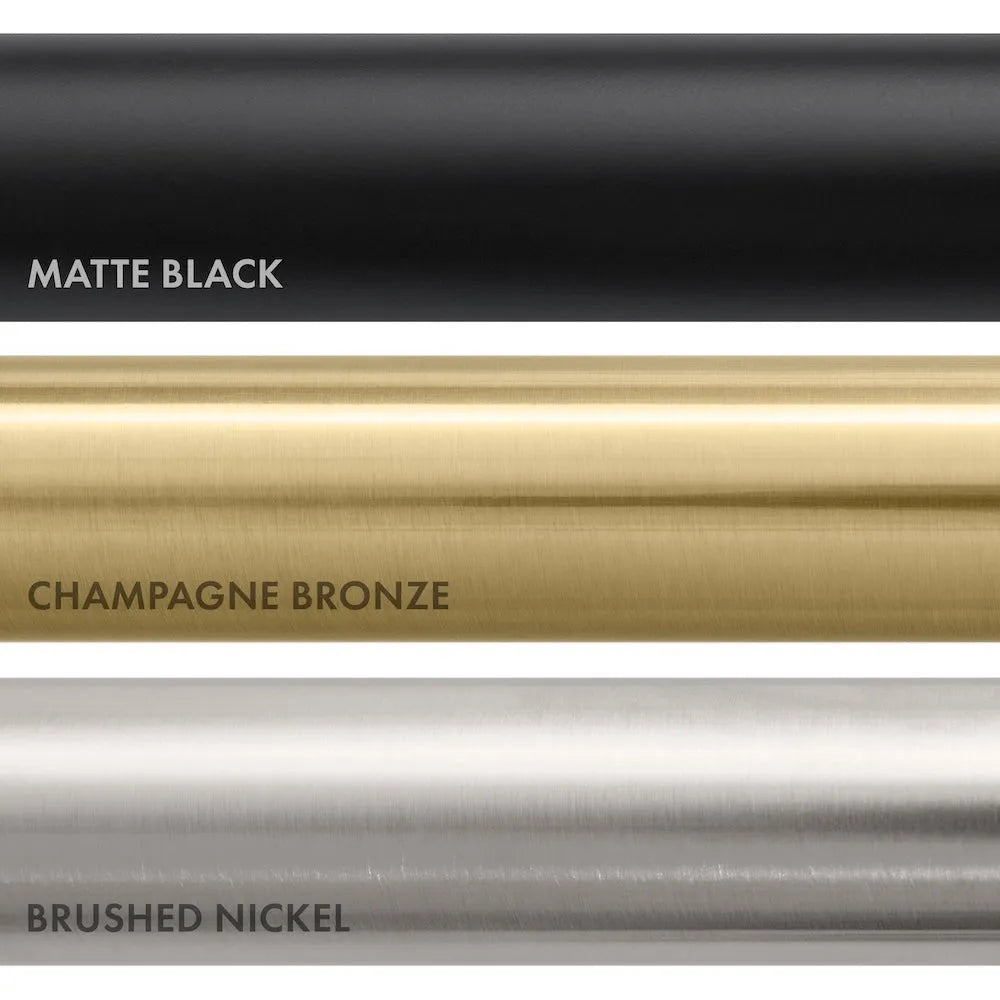 ZLINE Autograph Edition Plumbing Finish Comparison. Top: Matte Black. Center: Champagne Bronze. Bottom: Brushed Nickel.
