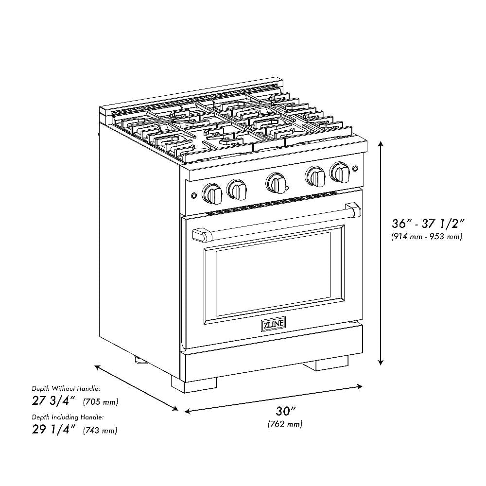 ZLINE Autograph Edition 30 in. 4.2 cu. ft. Paramount Dual Fuel Range with 4 Burner Gas Cooktop and Electric Convection Oven in Black Stainless Steel with Champagne Bronze Accents (SDRBZ-30-CB) dimensional diagram.