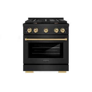 ZLINE Autograph Edition 30 in. 4.2 cu. ft. Paramount Dual Fuel Range with 4 Burner Gas Cooktop and Electric Convection Oven in Black Stainless Steel with Champagne Bronze Accents (SDRBZ-30-CB) front, oven closed.