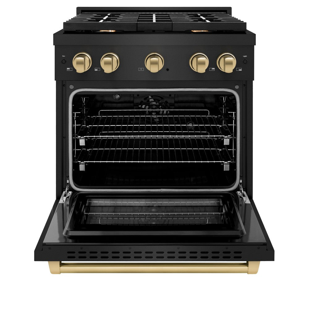 ZLINE Autograph Edition 30 in. 4.2 cu. ft. Paramount Dual Fuel Range with 4 Burner Gas Cooktop and Electric Convection Oven in Black Stainless Steel with Champagne Bronze Accents (SDRBZ-30-CB) front, oven open.