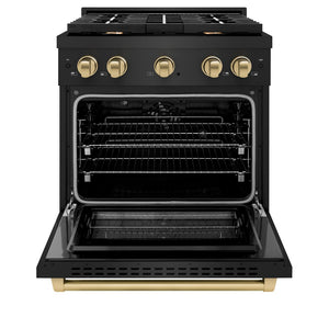 ZLINE Autograph Edition 30 in. 4.2 cu. ft. Paramount Dual Fuel Range with 4 Burner Gas Cooktop and Electric Convection Oven in Black Stainless Steel with Champagne Bronze Accents (SDRBZ-30-CB) front, open.