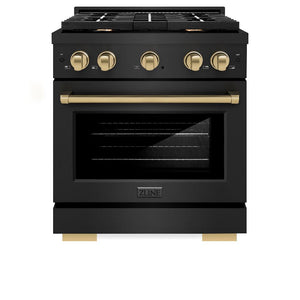 ZLINE Autograph Edition 30 in. 4.2 cu. ft. Paramount Dual Fuel Range with 4 Burner Gas Cooktop and Electric Convection Oven in Black Stainless Steel with Champagne Bronze Accents (SDRBZ-30-CB) front, oven closed.